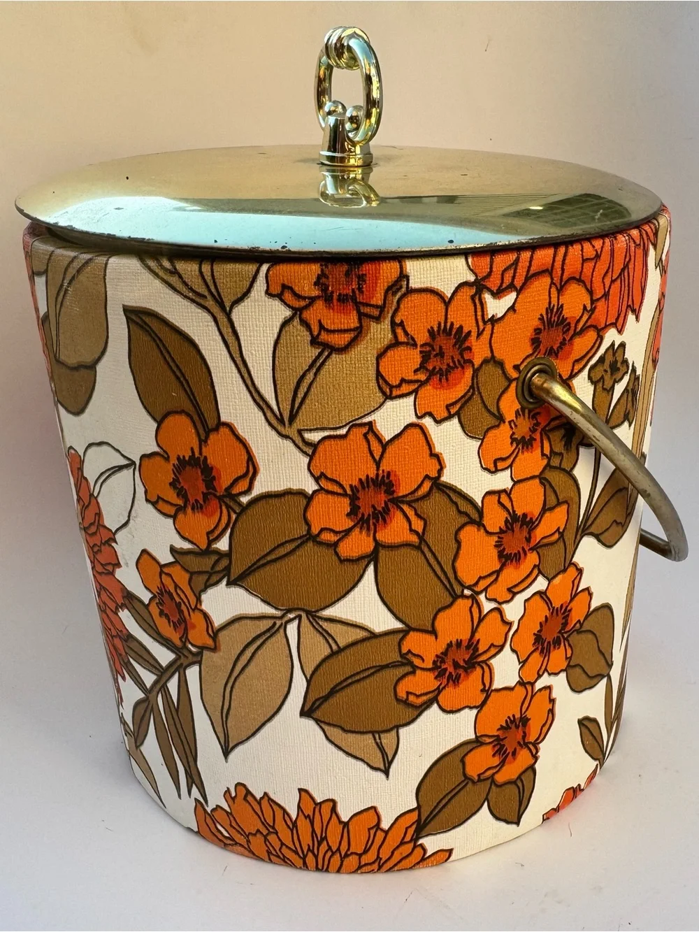 Vintage Floral Ice Bucket Gold Lid Handle Orange Flowers 60s 70s Botanical